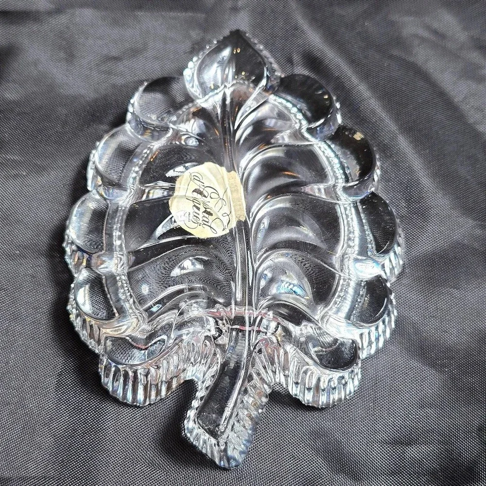 VTG 1990s Cristal d'Arques France Crystal‎ Leaf Dish Fougere Label Trinket Lead